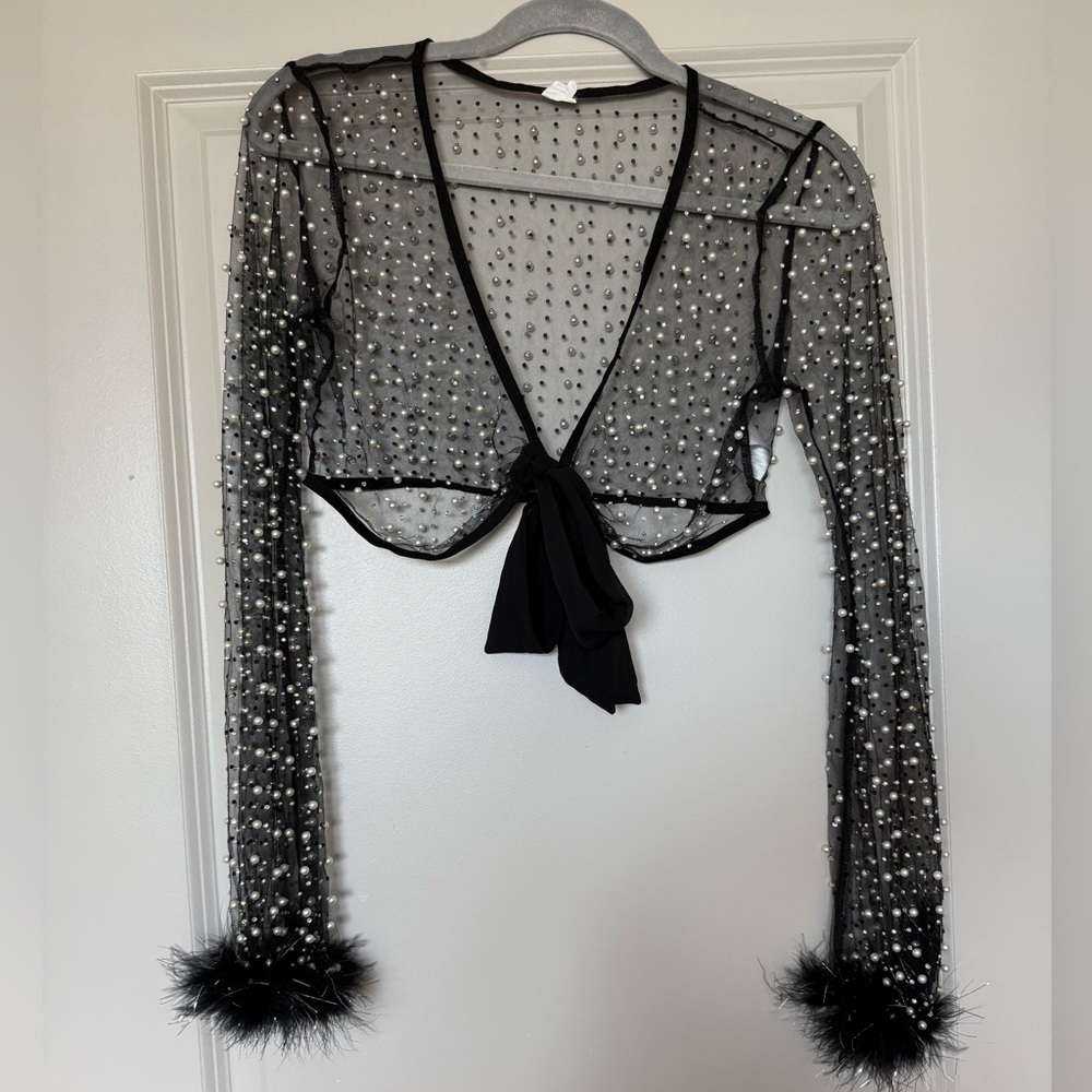 iHeartRaves Black Sheer Crop Top with Pearls
